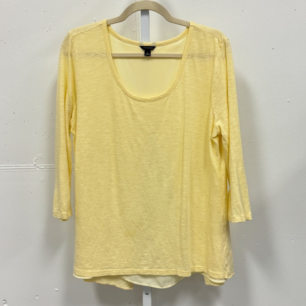 Ann Taylor Sunny Yellow Linen Blend Split Back Layered Top 3/4 Sleeve Large Boho